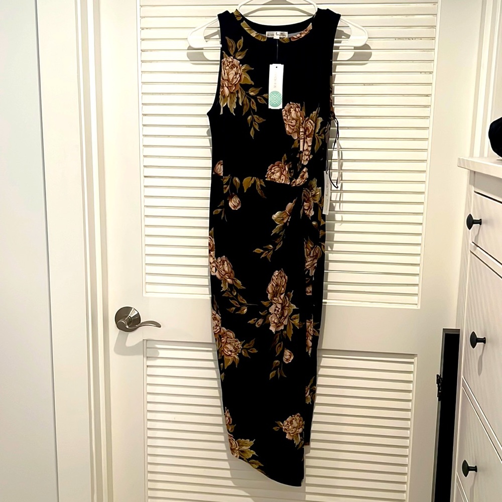 Dress, Nine Britton, black with floral design, sleeveless